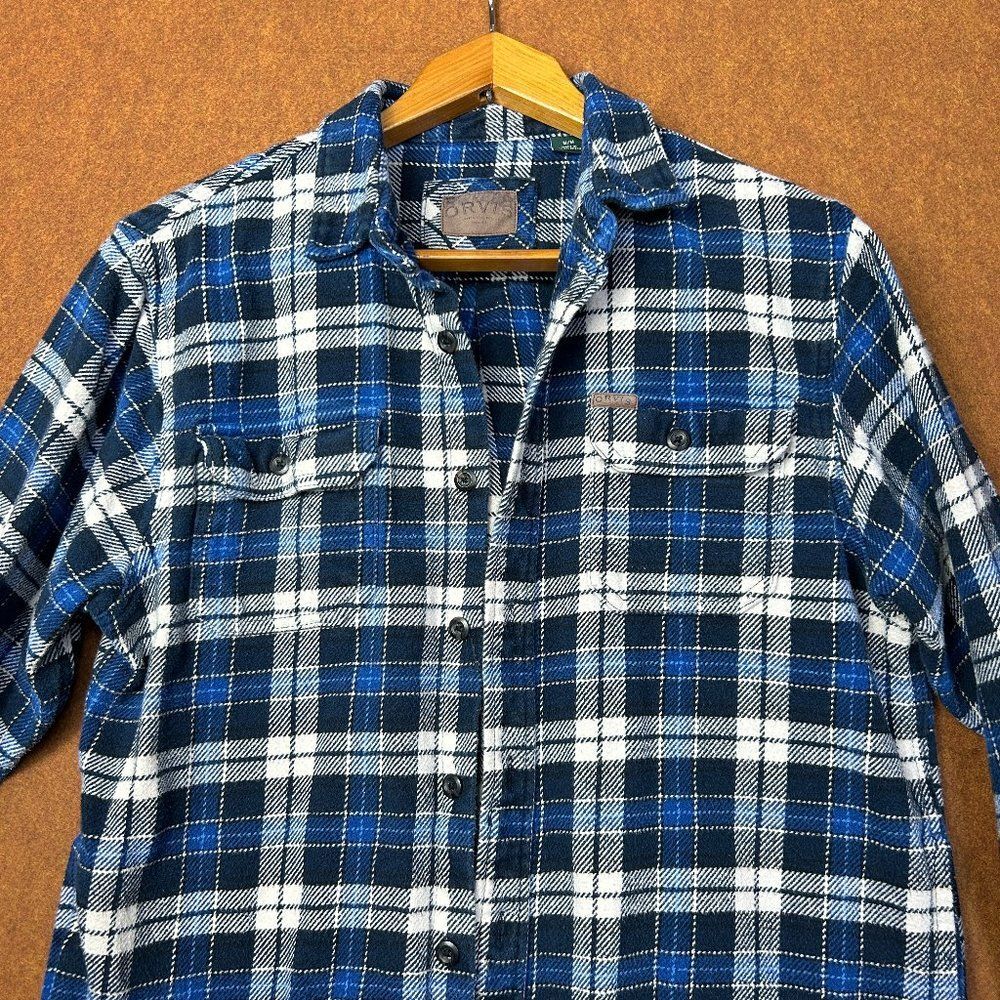 Orvis Flannel Shirt Blue Plaid Button Up Heavyweight Pockets‎ Big Bear